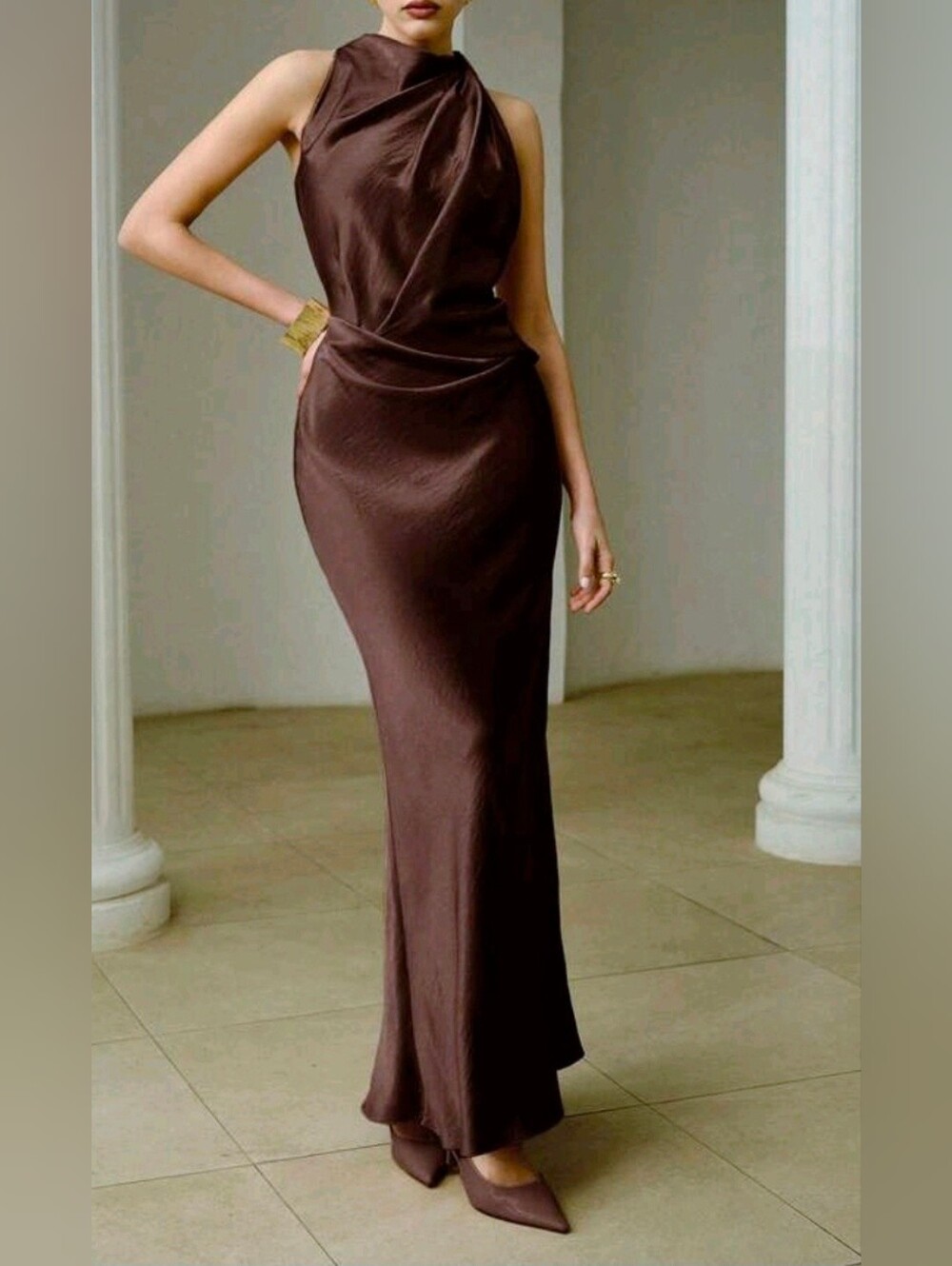 New Luxe Crushed Satin Bias Draped Maxi Dress Brown